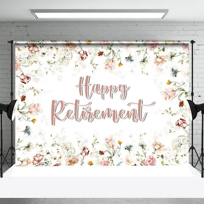 Pink Floral Leaves Faded Happy Retirement Backdrop - Aperturee