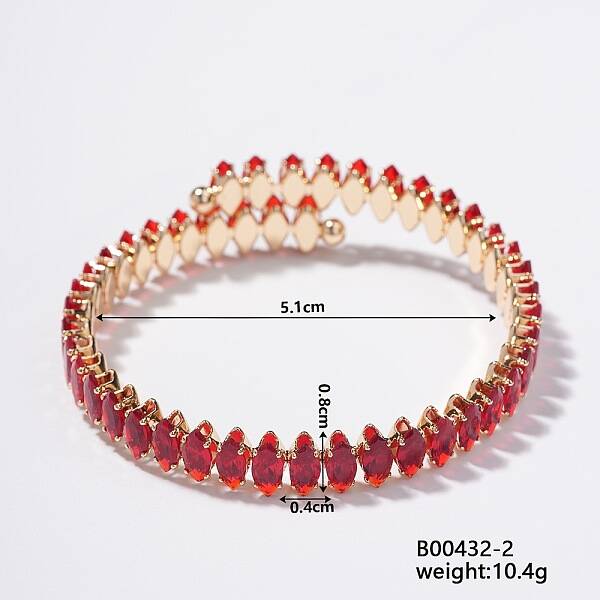 Elegant Brass Pave FireBrick Cubic Zirconia Rhombus Open Cuff Bracelet for Women