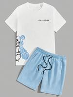 Two-piece Set Men's Cartoon Bear & Letter Print Short Sleeve Tee & Shorts Set, Regular Fit Casual Round Neck T-shirt & Track ...