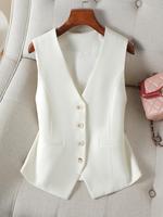 Women's Solid Button Front Pocket V Neck Suit Vest, Chic Elegant Basic Fitted Sleeveless Suit Vest for Work Office Business, ...