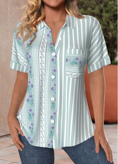Modlily Green Pocket Striped Short Sleeve Shirt Collar Blouse - M