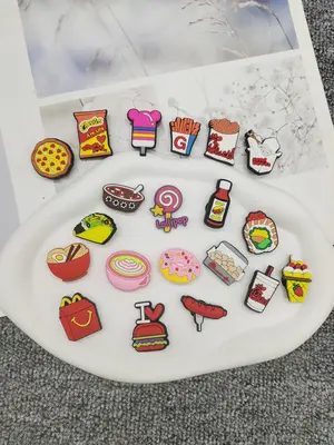 Cute Colorful Hamburger Design Shoe Charms for Clogs, 20pcs Cartoon Pizza & French Fries Design Shoe Decoration, Trendy All-m...