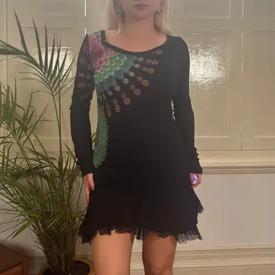 Desigual Floral Mini Dress - Large Black Cotton Blend