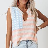 Beige USA Flag Lightweight Kint Sleeveless Top Notched Neckline Loose Summer Sweater Vest for Daily Wear Fit Casual