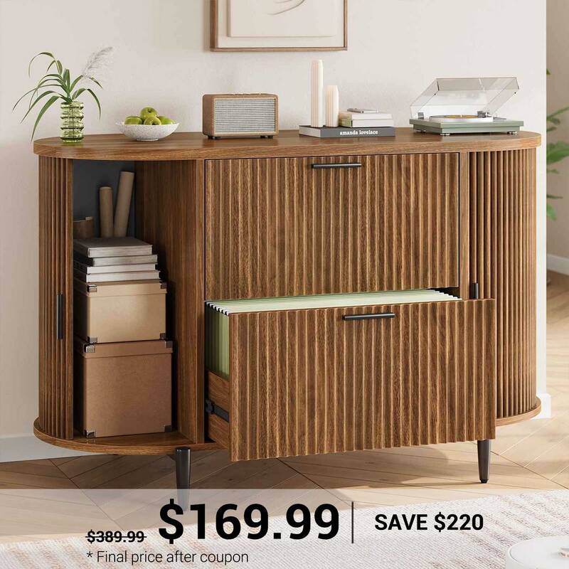 SEDETA ® 39.4 Inch Home Office File Cabinet Curved Sliding Cabinet Modern Light Luxury Design Fluted Filing Cabinets and 2 D...