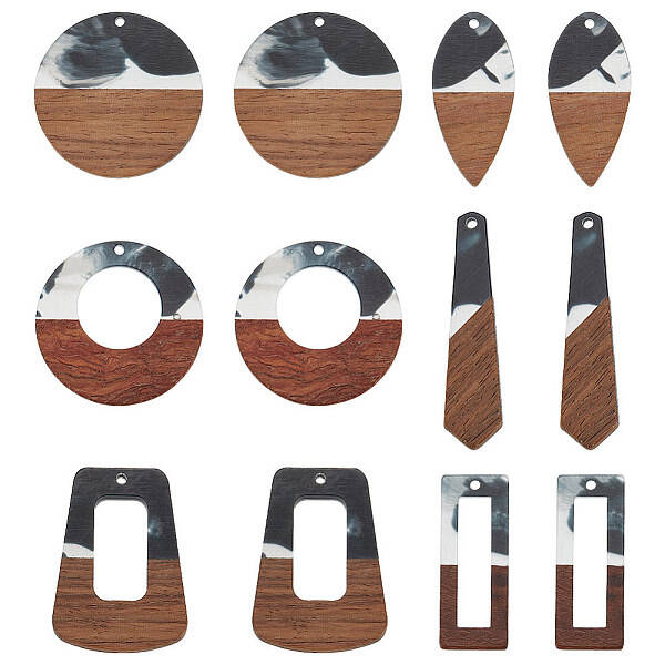 12Pcs 6 Styles Resin & Walnut Wood Pendants