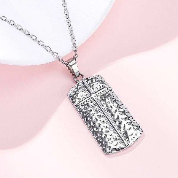 Texture Rectangle with Cross 304 Stainless Steel Pendant Necklaces