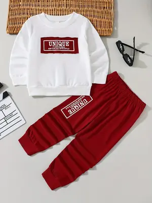 Two-piece Set Toddler Boy's Letter Print Sweatshirt & Elastic Waist Sweatpants Set, Casual Round Neck Long Sleeve Pullover & ...