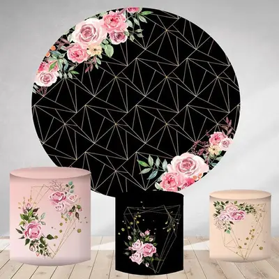 Aperturee Pink Floral And Black Abstract Round Birthday Backdrop Kit | Round Backdrop Cover Diy | Round Backdrop Stand Covers...