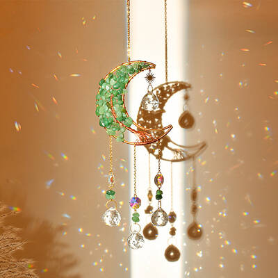 Natural Green Aventurine Chip & Brass Moon Hanging Suncatcher Pendant Decoration