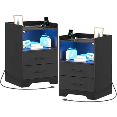 Sikaic 2PCS LED Nightstands with Charging Station and Storage Drawers Black Furniture Bedroom Table Organize Modern Design Be...