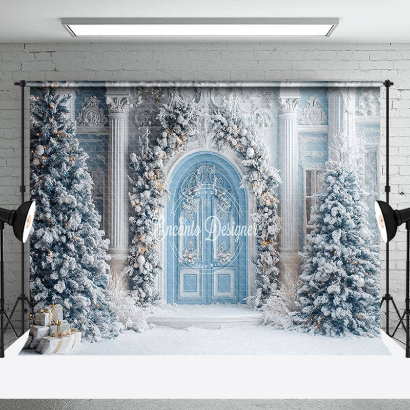 Blue White Palace Wall Pine Tree Christmas Backdrop - Aperturee