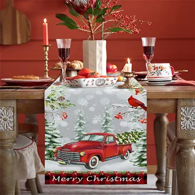 Red Truck Snowy Scene Forest Christmas Table Runner - Aperturee