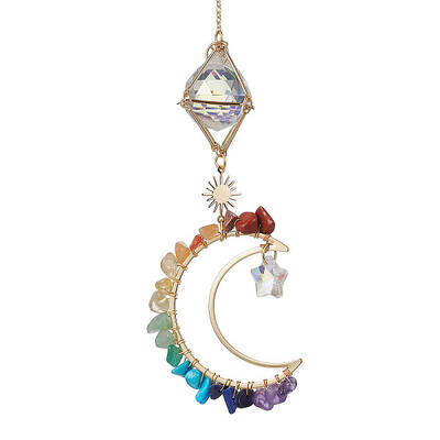 Natural & Synthetic Gemstone Chip Pendant Decorations with Brass Moon & Cable Chain