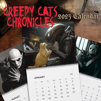 Creepy Cats 2025 Wall Calendar, Gift For Horror, Secret Santa Gift For Scary Movie Lovers