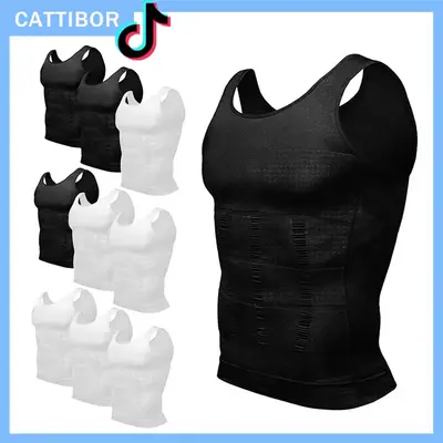 CATTIBOR 1/2/3/4 Pack Men Round Neck Compression Tank Top,Men Shaping Vest,Men Sleeveless Shirt Shapewear,Men GYM Workou