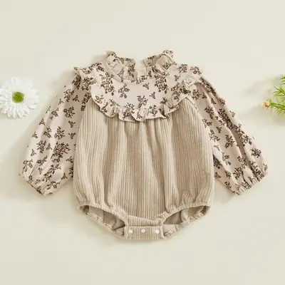 Infant Baby Girls Fall Winter Romper Floral Print Patchwork Long Sleeve Ruffled Frill Ruffled Jumpsuit 0-18 Months