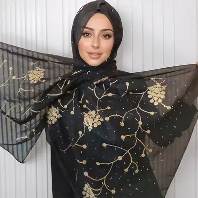 Women Muslim Chiffon Hijabs Scarf For Women Embroidered Rhinestone Decoration Wrapped Scarf Female Long Muslim Headscarf Turb...