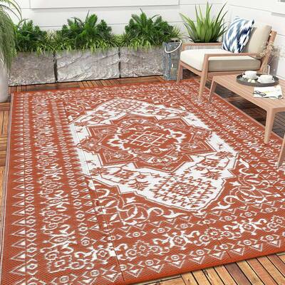Garvee Outdoor Brick Red 10x20 Rug Waterproof Reversible Vintage Medallion Design Plastic Straw Mat with UV Protection & Quic...