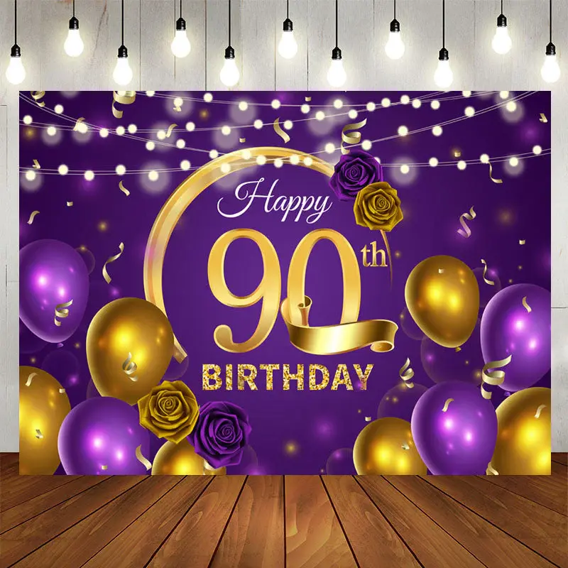 Aperturee Violet Balloon Floral 90Th Birthday Backdrop