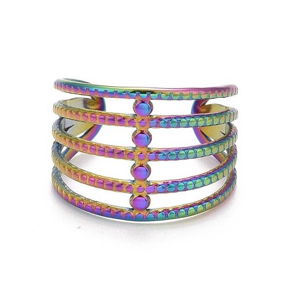 Rainbow Color Ion Plating(IP) 304 Stainless Steel Chunky Open Cuff Ring for Women