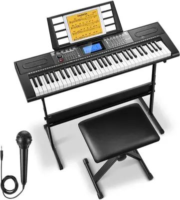 Donner DEK-610S 61 Key Electronic Keyboard Set with Stand/Stool/Microphone - Black
