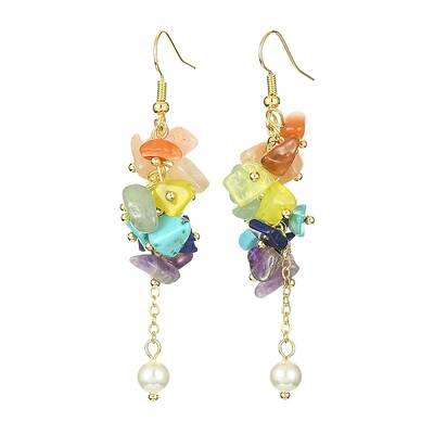 Natural & Synthetic Mixed Gemstone Chips & Shell Pearl Dangle Earrings