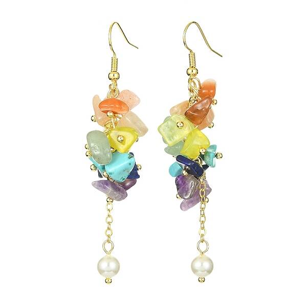 Natural & Synthetic Mixed Gemstone Chips & Shell Pearl Dangle Earrings