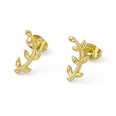 PVD Vacuum Plating 304 Stainless Steel Tiny Leafy Branch Stud Earrings for Women