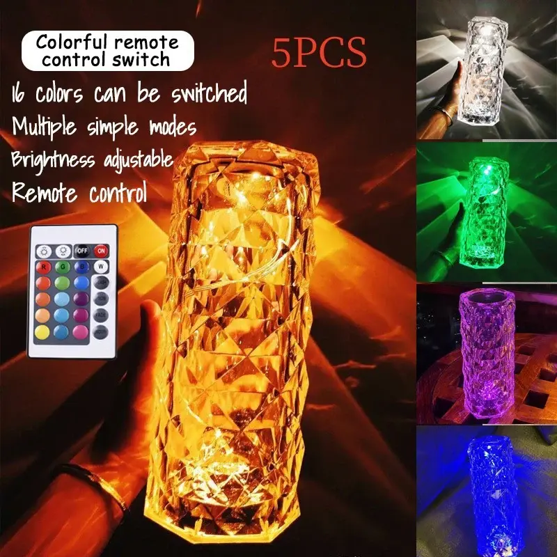 Romantic LED Rose Diamond Table Lamps For Bedroom Living Room Party Dinner Decor Creative Lights | style: Rechargeable | Colo...