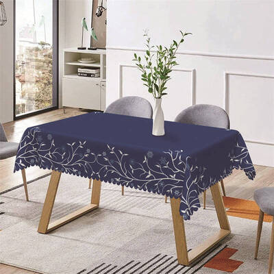 Royal Blue White Lines Floral Rectangle Tablecloth - Aperturee