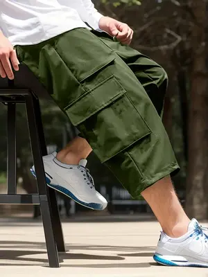ćPlus Sizeć Solid Drawstring Waist Cargo Capris Pants, Casual Pocket Design Capri Pants for Daily Wear, Fashion Men's Bot...