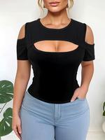 Women's Plain Cut Out Cold Shoulder Tee, Casual Fitted Soft Short Sleeve T-shirt for Daily Wear, Ladies Clothes for All Seas...