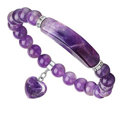 Natural Amethyst Curved Rectangle Stretch Braclets with Heart Charm