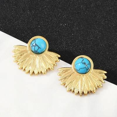 Fan 304 Stainless Steel Synthetic Turquoise Stud Earrings for Women