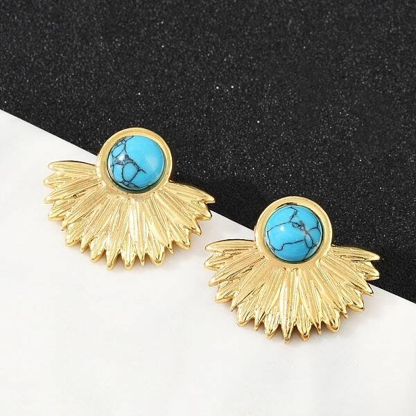 Fan 304 Stainless Steel Synthetic Turquoise Stud Earrings for Women