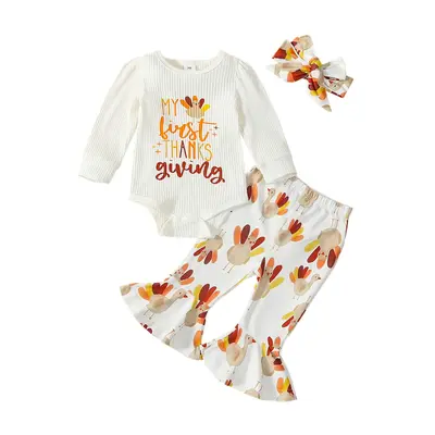 Baby Girls Fall Outfit, Long Sleeve Letters Print Romper with Turkey Print Flare Pants and Headband Thanksgiving Clothes