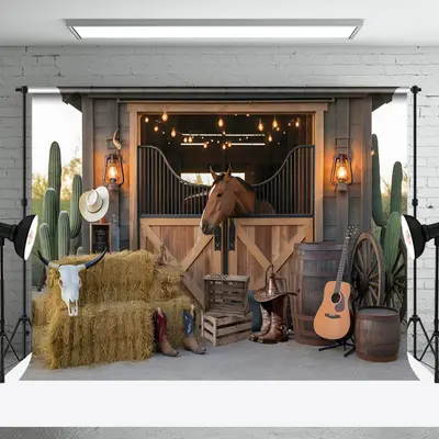 Aperturee Vintage Wooden Stable Cowboy Cake Smash Backdrop, 3X2FT(1MX0.6M), 14 USD, birthday cake smash backdrops, NYHD2I03-M