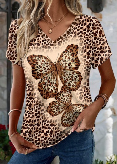 Modlily Dark Coffee Leopard Short Sleeve V Neck T Shirt - L