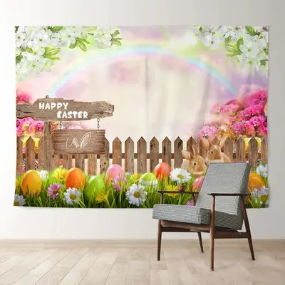 Aperturee Rabbit Color Egg Rainbow Happy Easter Backdrop