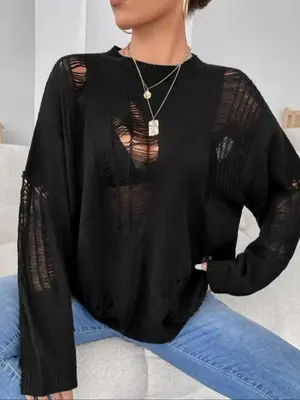 Women's Basic Minimalist Solid Color Ripped Drop Shoulder Sweater, Lady Casual Comfort Long Sleeve Round Neck Jumper f...