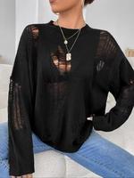 Women's Basic Minimalist Solid Color Ripped Drop Shoulder Sweater, Lady Casual Comfort Soft Long Sleeve Round Neck Jumper for...