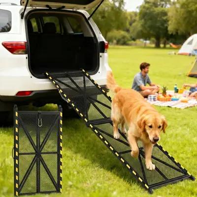 Garvee Heavy Duty Portable Steel Dog Ramp for Cars, 71×17 Folding Pet Ramp for Large Dogs with Anti-Slip Mesh Incline Acce...