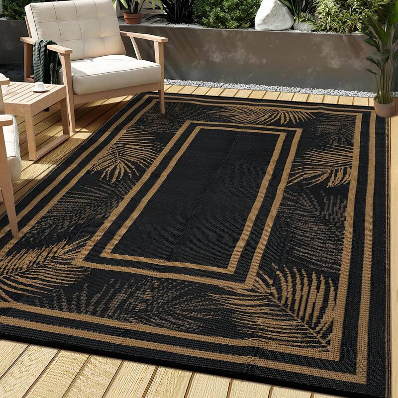 Garvee Outdoor Black & Brown 8x10 Rug,Waterproof Reversible Plastic Straw Mat Durable UV Resistant Patio Deck Camping Picnic