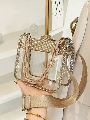 Transparent Saddle Bag with Diamond Chain, Stylish PVC Crossbody Shoulder Bag for Fashion Lovers, Chic Accessory for Any
