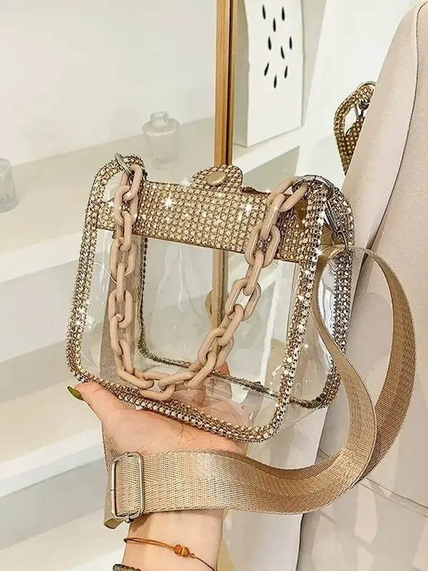 Transparent Saddle Bag with Diamond Chain, Stylish PVC Crossbody Shoulder Bag for Fashion Lovers, Chic Accessory for Any
