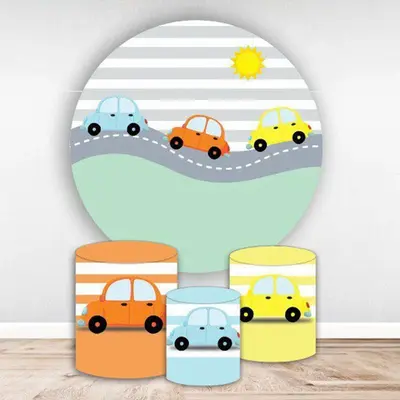 Aperturee Cute Cars Grey White Stripes Boy Round Backdrop Kit | Custom Round Birthday Backdrop | Custom Round Backdrop | Roun...