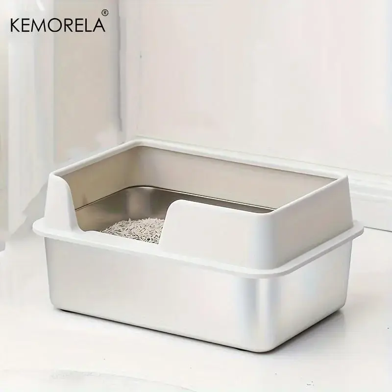 Stainless Steel Cat Litter Box With Lid For With High Wall Side Enclosure Non-Stick, Leakproof And Easy To Clean