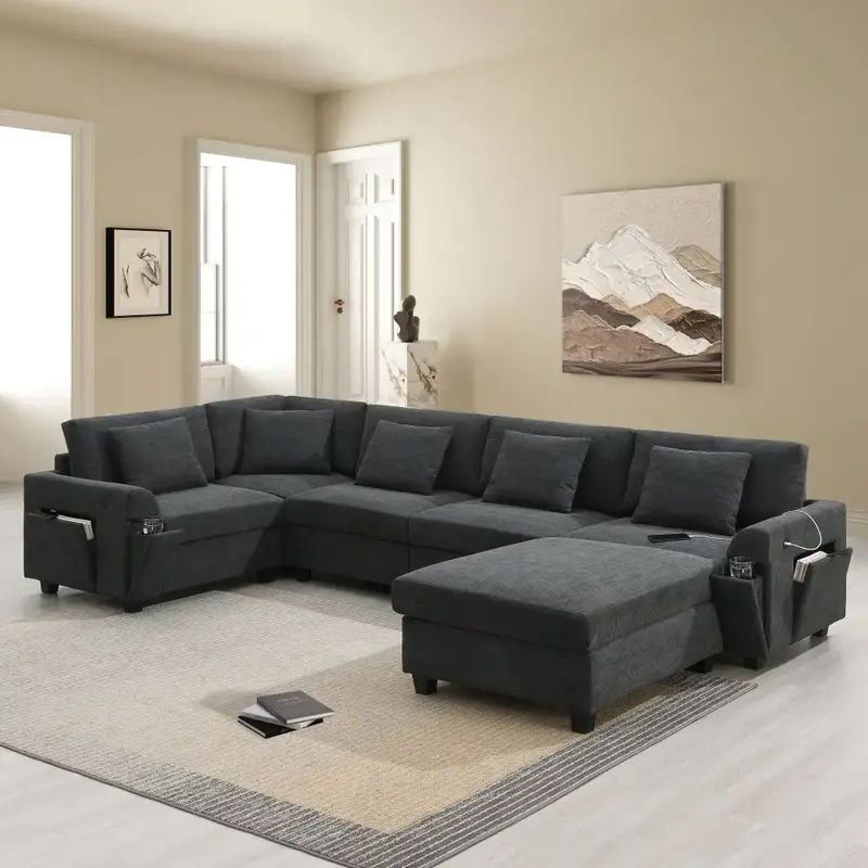 128*67 U Shaped Sectional Sofa,6 Seat Chenille Couch Set with Oversized Ottoman,Hidden Armrest Storage and Cup Holders,USB ...