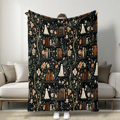 Gothic Ghost Blanket with Vintage Bookshelf Design, Soft Plush Material, Warm & Cozy for Autumn Winter Decor, Unique Home Dec...